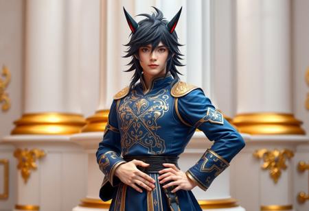 A high-resolution, 4K full body photographic portrait of a male cosplayer embodying a Fire Emblem: Awakening character. He wears a detailed blue and gold outfit with intricate textures and a black wig featuring sharp, pointed ears. He stands confidently with his left hand on his hip and his right hand on his thigh, positioned in front of a white pillar with ornate gold accents. The image boasts Exceptional Quality, More Detail, Lifelike Details, Super Detailed Face and Eyes and Clothes, Handcrafted with Precision, High Quality, Sharp Lines, Stunning Colors, Harmonious Colors, Multi Colored, Contemporary Aesthetics, Beautiful Matte Painting elements, Impeccable Composition, Creative Angle, Attractive Background, Balanced Editing, Intentional Focus, Well-timed Moment, subtle Isometric perspective, Captivating Lighting highlighting the costume and face, rendered with Octane Render and Unreal Engine 5. The image conveys Vivid Emotions and a Joyful Impact, aiming for a Powerful Message. Includes Beautiful Detailed Eyes. This is a masterpiece suitable for CGSociety and Artstation Trending on ArtstationHQ, following the Golden Ratio, subtly incorporating Grammer Effect Style, Splash Ink Illustration, Raphael Style, and Houdini Style.
