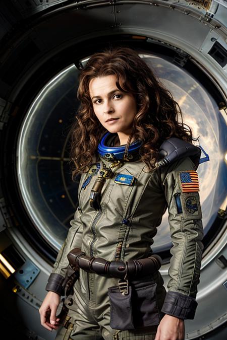 <lora:Helena_Bonham_Carter:1> 1woman, solo, mature hb1873c, , brown_hair, wavy hair, messy hair, paratrooper costume ,  space station , day
