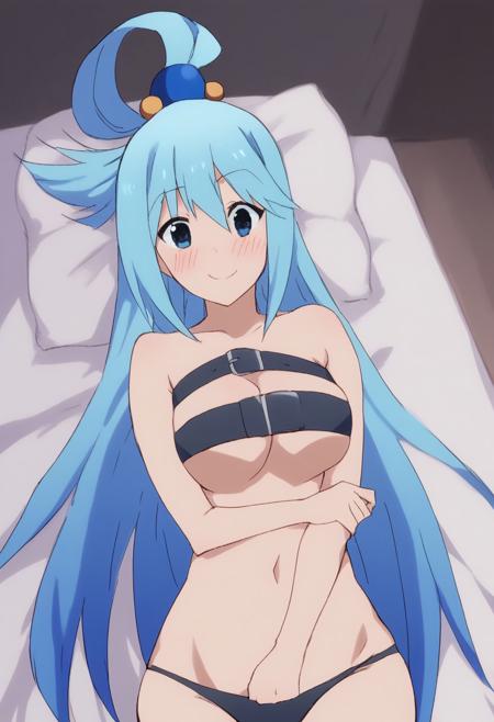 score_9, score_8_up, score_7_up, source_anime, konosubaaqua, <lora:konosuba-aqua-s2-ponyxl-lora-nochekaiser:1>, aqua (konosuba), long hair, blue eyes, hair ornament, very long hair, blue hair, hair rings, single hair ring, hair bobbles,, <lora:belt-bra-ponyxl-lora-nochekaiser:1>, belt bra, chest bra, panties, navel, cleavage,, indoors, bed, bed room, on back, on bed, blush,, cowboy shot, dutch angle, wide hips, big breasts, blush, smile,