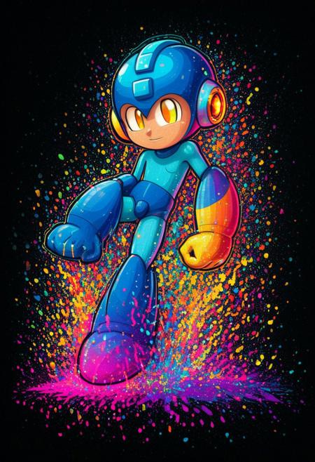 Megaman, proud face, dynamic pose, in the style of golden glitched rainbow. Snow is falling as holographic colored baroque geometric patterns float around the canvas in the style of colorful digital art. The image has a cyberpunk aesthetic with a glitchy distortion and psychedelic color palette. Black background, neon lights, glitch art, surrealism, high contrast, vibrant colors, psychedelic patterns, ethereal glow. The overall mood should be one of spiritual contemplation and otherworldly beauty. It's like something in the style of science fiction.Rockmegamen, Cartoony, cartoony, By Anonanim
