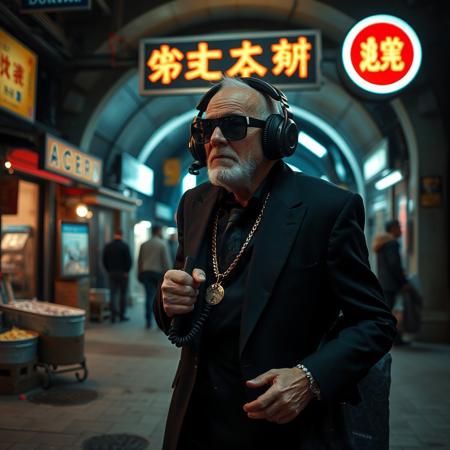 score_9, score_8_up, score_7_up, night, outside a futuristic entrance subway station, stores with neon lights, dirt trash homless, street, people selling on streets, a futuristic shaman old man 80 years latin brown skin freckles old short using a classic 50s black suit sunglasses modern futuristic big  headphones hearing music holding a staff with cds and electric parts walking stooped with difficulty