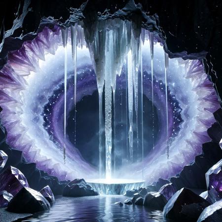 A surreal, hyper-detailed tunnel carved into a massive geode cavern — walls glitter with giant amethyst, quartz, and opal crystals jutting out in fractal formations. A river of molten glass flows down the center like glowing liquid fire, shimmering with iridescent colors, refracting light into rainbow beams that dance across the cavern. Faint mist rises where the molten glass meets the cool crystal air, creating an ethereal atmosphere. Floating crystal shards hover over the river, dripping glowing droplets of molten silica back into the flow. Everything is cinematic, high definition, unreal engine style, with macro shots of tiny crystal details, sparkles, and magical light flares.