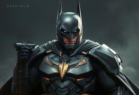 "Create a highly detailed, lifelike depiction of Batman in full Gravitation armor, inspired by Samuel F.B. Morse and Ralph McQuarrie, with a destiny concept art style. The color palette should be grey and gold. Include pulse rifles and a heavy cloak. The image should follow the rule of thirds, with a slightly noisy color scheme. This artwork should be trending on ArtStation with a vibrant 8k resolution."