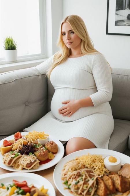 1girl, beautiful thick bbw obese blonde girl with gigantic fat belly sitting down on a couch in a modern apartment, ((surrounded by hundreds of plates of food everywhere in the image)), (flat chest), tight plus size dress, wearing tight undersized plus size pastel bodycon dress, ((blonde fat girl sitting down in surrounded by hundreds of plates of food)), packing on the pounds, weight gain, plump, plumping up, gaining weight, getting fat, ((fattening up)), thickening up, long blonde hair, smiling, profjen, (image takes place in an apartment with plates of food everywhere), (background of image shows hundreds of plates of food), ((tired exhausted facial expression while placing hand on belly)), fully clothed