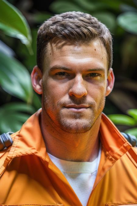 a handsome man in an orange prisoners uniform, in a jungle paradise, (close up), (looking at camera), [smiling], (candid, amateur), (raw, 8k, uhd, fujifilm xt3),  <lora:alanRitchson:1>