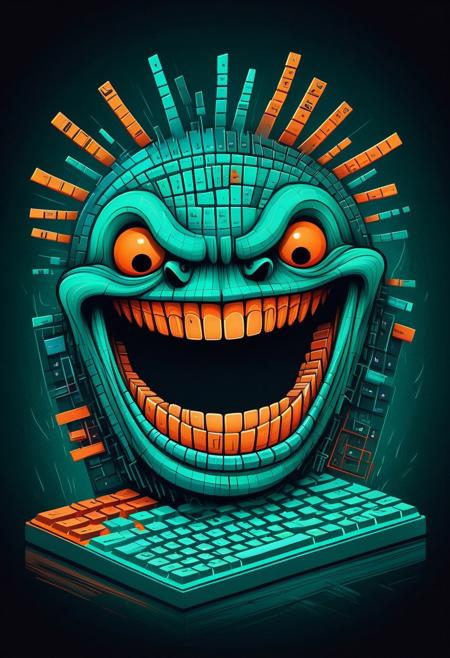 an adroit d3press1on illustration, in the playful scribble drawing style. triadic complementary colors, dark and moody surreal nightmare of an eerie laugh, teeth are jagged keyboard keys, a mouth distorted, wide grin, and full of teeth made of keyboard keys, in the realm of the damned dreaded souls, teal and orange color grading, yellow abstract geometric gradients stain the orangish background
"The Keyclaw"
