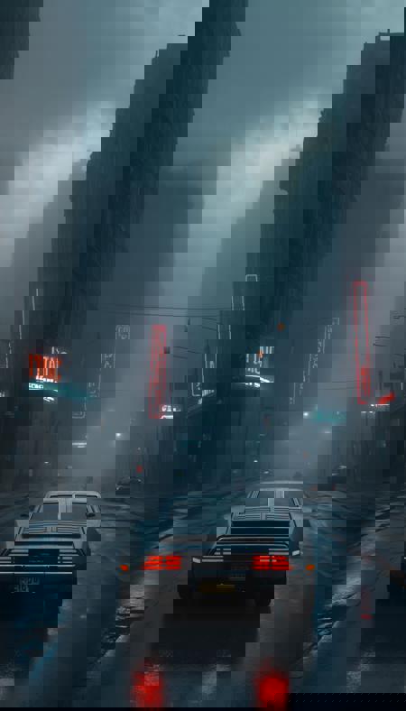 Blade Runner 2049 SleepCitycape. Relaxing Cyberpunk Art Poster. Dark light. Cinematic Art. Photorealistic. Street. Abandoned street. CityScape, Scenery. Dark and moody. 1car, Futuristic supecar. Prototype supercar. Super detailed car, (grey car carpaint). Futuristic design car. Gloomy neon lights. No humans. Sleeping city. (Cloudy day, fog:1.4). Dystopian apocalyptic atmosphere. Film grain.