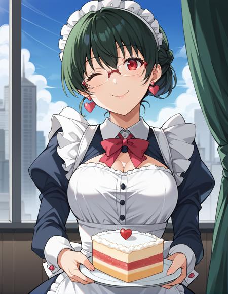 anosillus_ii, 1girl, red eyes, sanpaku, dark green hair, short hair, low tied hair, french braid, sidelocks heart earrings, glasses, pant suit, black jaket, open jacket, white shirt, shirt tucked in, lanyard, black belt, black pants