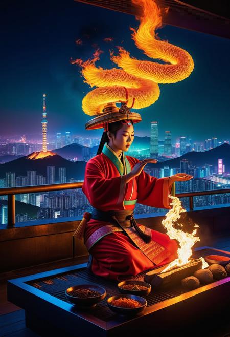 a vibrant depiction of a mystical mudang performing a sacred fire ritual above the neon-lit Seoul skyline. Hyper-realistic details and opulent colors bring the scene to life, with intricate textures and cinematic lighting effects creating a truly epic atmosphere.