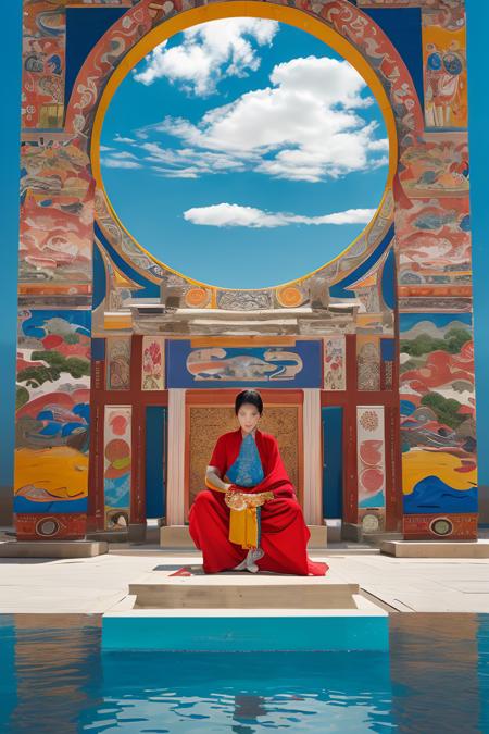 DUNHUANG,DUNHUANG BACKGROUND,DUNHUANG FACE,(masterpiece, best quality:1.3), (flat color:1.3),(colorful:1.3),looking at viewer,1girl,solo,floating colorful water,(2D:1.3)