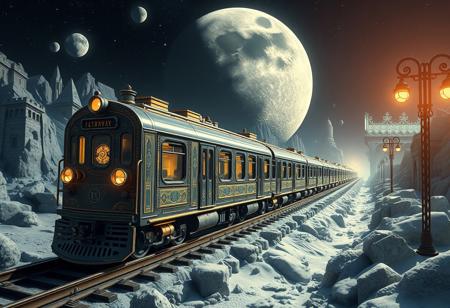 moon train, highly intricate, sophisticated and complex digital painting, concept art, hyperrealism, Cinema 4D, 8k resolution, 64 megapixels, CGSociety, ZBrush Central, behance HD, hypermaximalist, a masterpiece, parallax, incredible depth