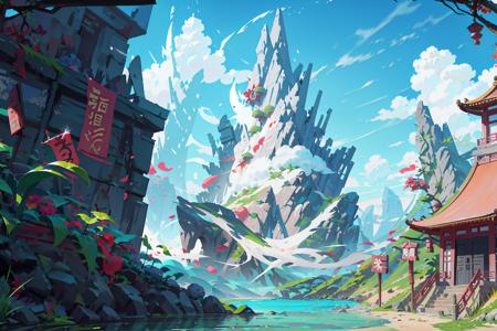 2D ConceptualDesign, scenery, outdoors, cloud, day, sky, tree, blue sky, mountain, landscape, water, backpack,(chinese new year:1.2), <lora:Stylized Concept design CG:0.8>