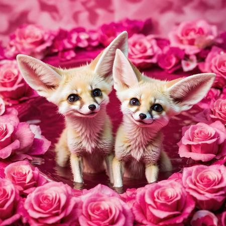 two baby fennec foxes with big eyes making love, swimming in a pink flower pool, joyful, falling roses, hearts, looking at viewer