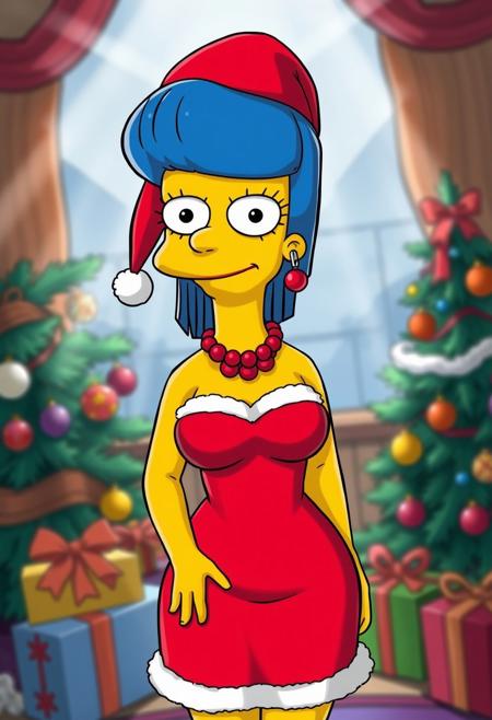 The simpsons comic, 1girl, m_s, Marge, solo, tall beehive hairstyle, round eyes with black pupils, black eyes, perfect tight breasts, Expressiveh, red pearl necklace, blue hair, yellow skin, sexiest pic on earth, perfect woman, goddess alive, marge perfect body, skindentation, showing boobs, dress pulled down to waist, christmas minidress, christmas, santa hat, santa costume, standing, sexy pose, adult pose, teasing, ((horny expression 0.2)), , front view, indoors, christmas tree, presents, small color light on christmas tree, christmas ornaments, sun-ray, depth of field, from above, upper body, detailed background, sharp background, master piece, Good color composition, great quality, (((perfect face))), ((perfect eyes)), perfect hands,