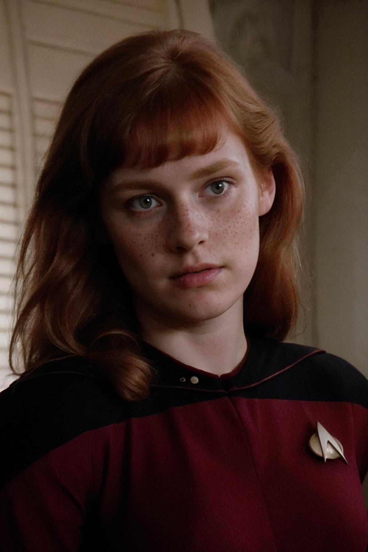 A young woman with red hair wearing a Star Trek shirt.