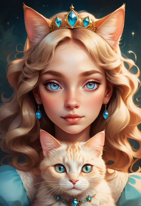 Masterpiece, high quality, stunning composition, highly rated artwork, detailed art, many details, fairytale, storybook detailed illustration, complex background. ((looking at viewer))
cat princess, face closeup, young, Soft sigh, loose curls, Vintage portrait
<lora:20250419-1745075667520:0.8>,  <lora:SDXLFaeTastic2400:0.6>