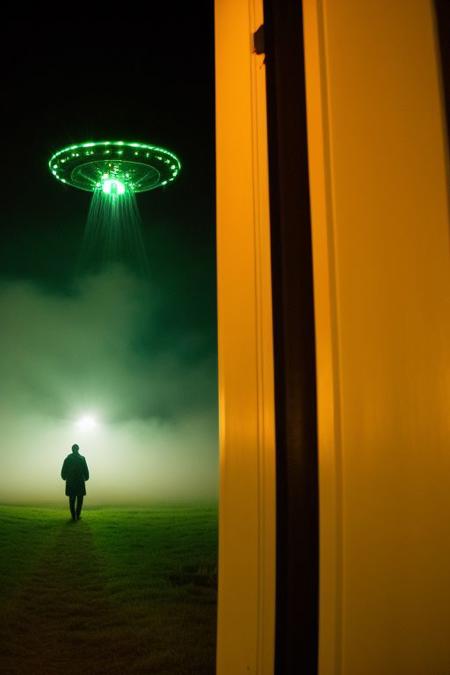 security footage frame, fog, night, volumetric, industrial, airstrip, UFO, closeup of man in trenchcoat