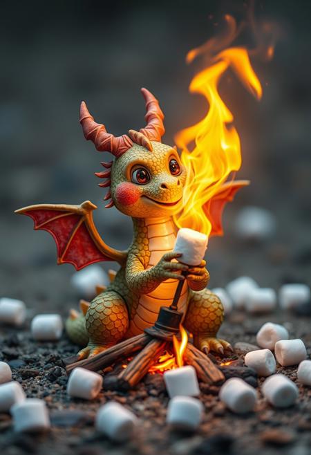 cute small dragon using fire breath to roast marshmallows