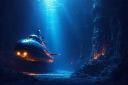 A colossal research submarine glides through a cobalt abyss, its blazing headlights slicing through aqueous gloom to unveil a labyrinth of undulating coral towers. Shot from a dramatic low angle, the sub’s metallic hull gleams under refracted beams that ignite fiery vermilion and amber polyps, their bioluminescent veins pulsing in sync with swirling plankton. Inspired by James Gurney’s luminous realism and Art Nouveau’s organic curves, the scene merges chiaroscuro contrasts with liquid textures—silken water, jagged basalt, gelatinous tendrils. Misty light rays diffuse into indigo depths, revealing crumbling stone arches draped in coral, while shadowy schools dart like fractured dreams, suffusing the silence with primal awe.