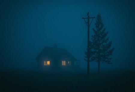 A lonely house in a foggy field at night, glowing windows, a single tall pine tree next to it, a wooden utility pole with a bird perched on top, deep blue tones, analog horror atmosphere, cinematic lighting, --ar 16:9 --v 5 --style raw