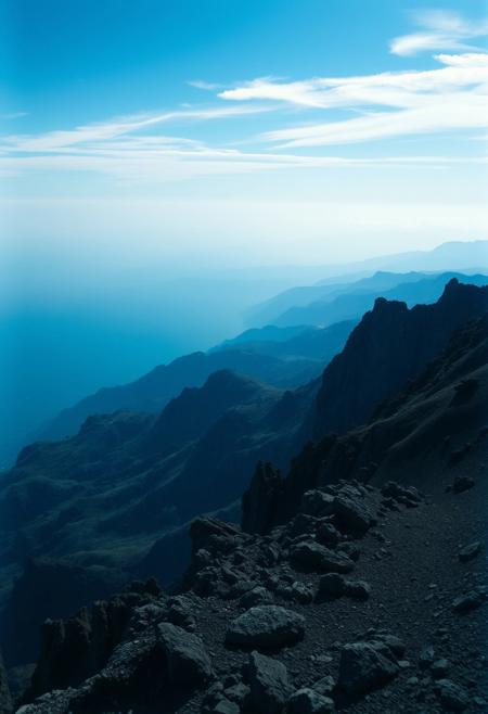 Immerse in a breathtakingly beautiful landscape: a vibrant blue-hued horizon stretches across the frame, fading into an atmospheric haze. Unusual dark colors, such as deep indigo and rich charcoal, punctuate the scene with dramatic flair. Cinematic lighting casts long shadows, emphasizing the fine details of the terrain. Film grain adds texture to the image, while superb composition guides the viewer's eye through the masterpiece. Maximum detail is achieved in every element, from the rugged terrain to the wispy clouds, creating an unparalleled level of visual mastery.