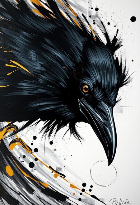 A hyper-stylistic, extremely detailed image depicts a breathtaking painting, crafted from a combination of smeared black and gold metallic paint. A crow's head is captured in a streaked motion, as if it is moving rapidly in one direction, its sleek features a blur of dynamic energy. The black paint is applied in bold, sweeping strokes, creating a sense of speed and agility that is contrasted beautifully by the golden accents. The gold paint is used to highlight the crow's eyes, adding a sense of depth and dimensionality to the image. The crow's feathers are depicted in a flurry of motion, as if they are ruffled by the wind. Every detail of the image is meticulously crafted, from the delicate, swirling patterns of the gold paint to the intricate, textured patterns of the black paint. The contrasts between light and dark, color and texture, create a sense of tension and energy that draws the viewer in, inviting them to explore the dynamic world of the crow. highest-Quality, intricate details, visually stunning, Masterpiece