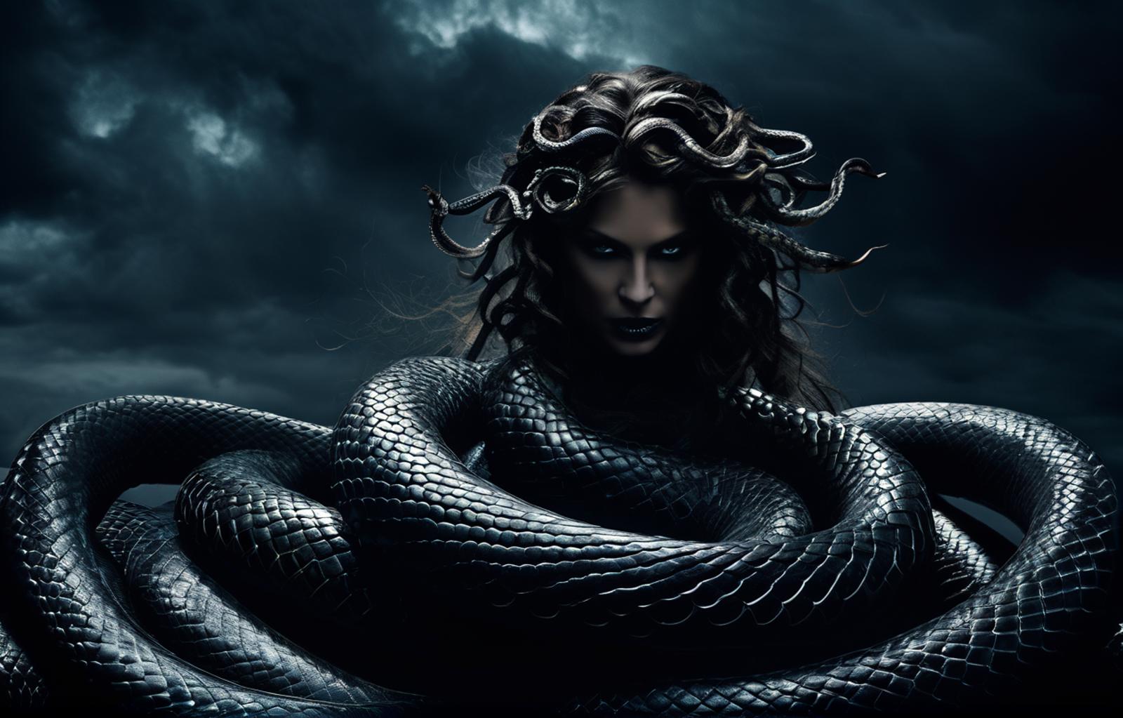 A woman with a serpent's head and black hair, surrounded by a dark and stormy sky.
