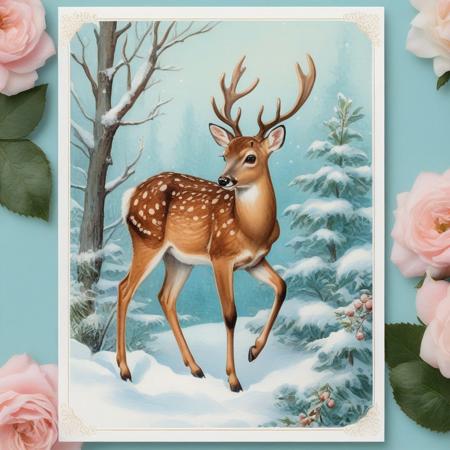 A beautiful fairytale vintage postcard with a cute, 
beautiful fawn in a beautiful winter forest next to a winter berry bush that is gently covered in snow, 
the bambi has a friendly facial expression and white dots on his fur, 
the background of the card is a beautiful pastel turquoise blue, 
the card is bordered with wintery white and light pink Christmas roses, 
playful, 
detailed wintery vintage card with ornate golden elements on the edge of the card, 
vintage rococo, 
pure perfection, 
vintage victorian style, 
dreamy pastel colors, 
perfect shapes, 
extremely unique beauty, 
sharp focus, 
high quality, 
intricate details, 
enchanted vintage winter, 
whimsical., 
Watercolor, 
trending on artstation, 
sharp focus, 
studio photo, 
intricate details, 
highly detailed, 
by greg rutkowski