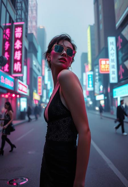 A high-fashion photoshoot in a surreal, pop-art cityscape, with neon colors and abstract elements, poetic surreal photography, high-contrast black-and-white tones, dreamlike minimalism, emotional street photography, soft muted colors or grayscale, fleeting intimate moments, abstract realism, deep shadows and atmospheric lighting, conceptual storytelling