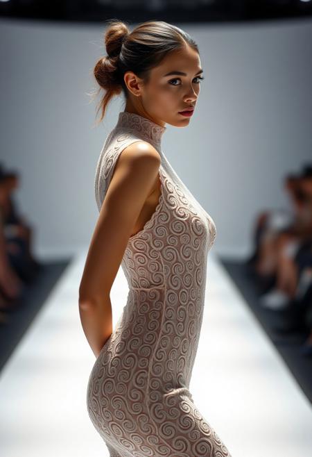 (nubile young woman:1.3), wearing (provocative spirograph-knit dress:1.8), (highly intricate spiral patterns:1.6), (strategic, daring spiral openings:1.5), (subtle transparency through breathable knitting:1.4), (boldly revealing along curves but dense at focal points:1.5), (smooth, body-contouring design:1.4), (sci-fi-meets-high-fashion aesthetic:1.4), (organic spiral flow wrapping the body), (futuristic elegance with sensual undertones:1.3), (shimmering fabric highlights on curves:1.2), (delicate motion in fabric edges:1.1), (perfect symmetry in spiral placements), (graceful high neckline balancing the silhouette), (bare minimal accessories), (gallery or futuristic runway background), (intentional, structured sensuality), (awkward or unbalanced proportions:-1.5), (bulkiness or heaviness:-1.5), (blurry edges or flat textures:-1.4), (overt vulgarity:-2), (librarian appearance:-1.5), (lifeless or dull design:-1.4)