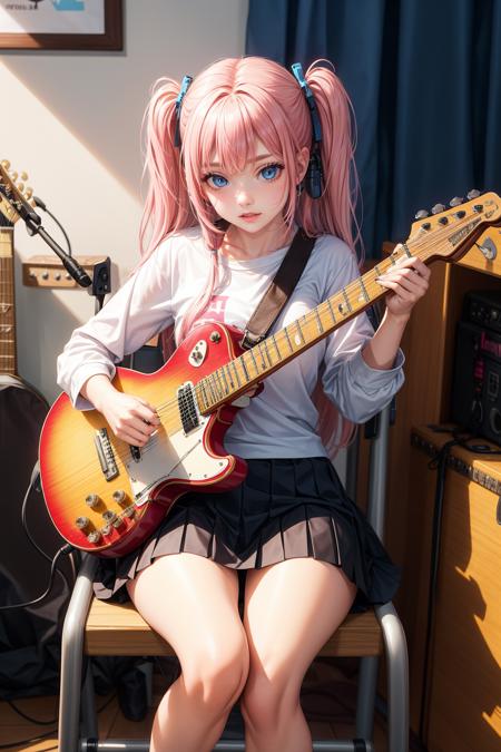 1girl,solo,black skirt,blue eyes,electric guitar,guitar,holding plectrum,instrument,long hair,one side up,pink hair,playing guitar,room,sitting,chair,