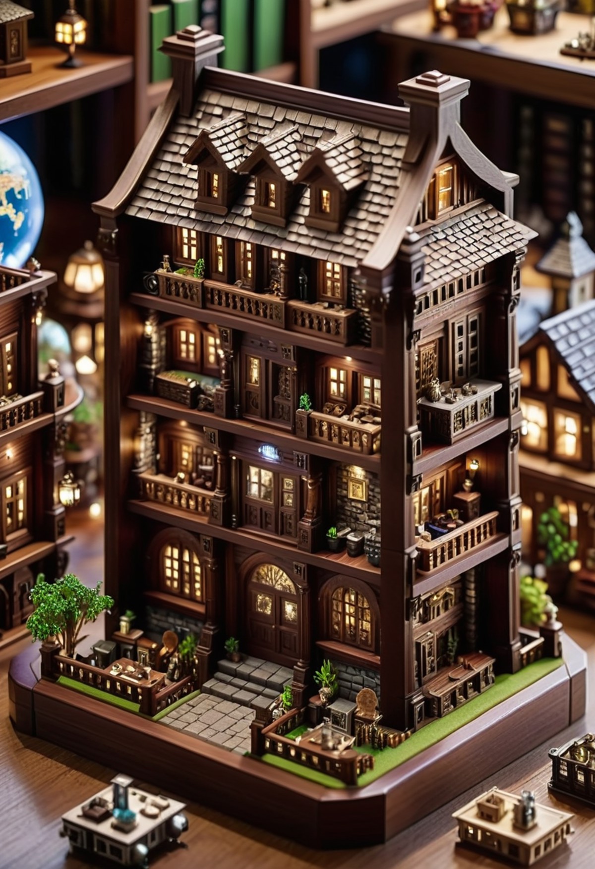 cinematic photo a miniature of a house, its wooden exterior and windows adorned with intricate details, sits in the center...