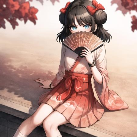 toshi, 1girl, blue eyes, bow, solo,  brown hair, covering mouth, double bun, dress, folding fan, hair bow, hair bun, hand fan, holding, ((holding fan)), nail polish, parted bangs, short hair, red skirt, geta, white socks, bracelet, outdoors