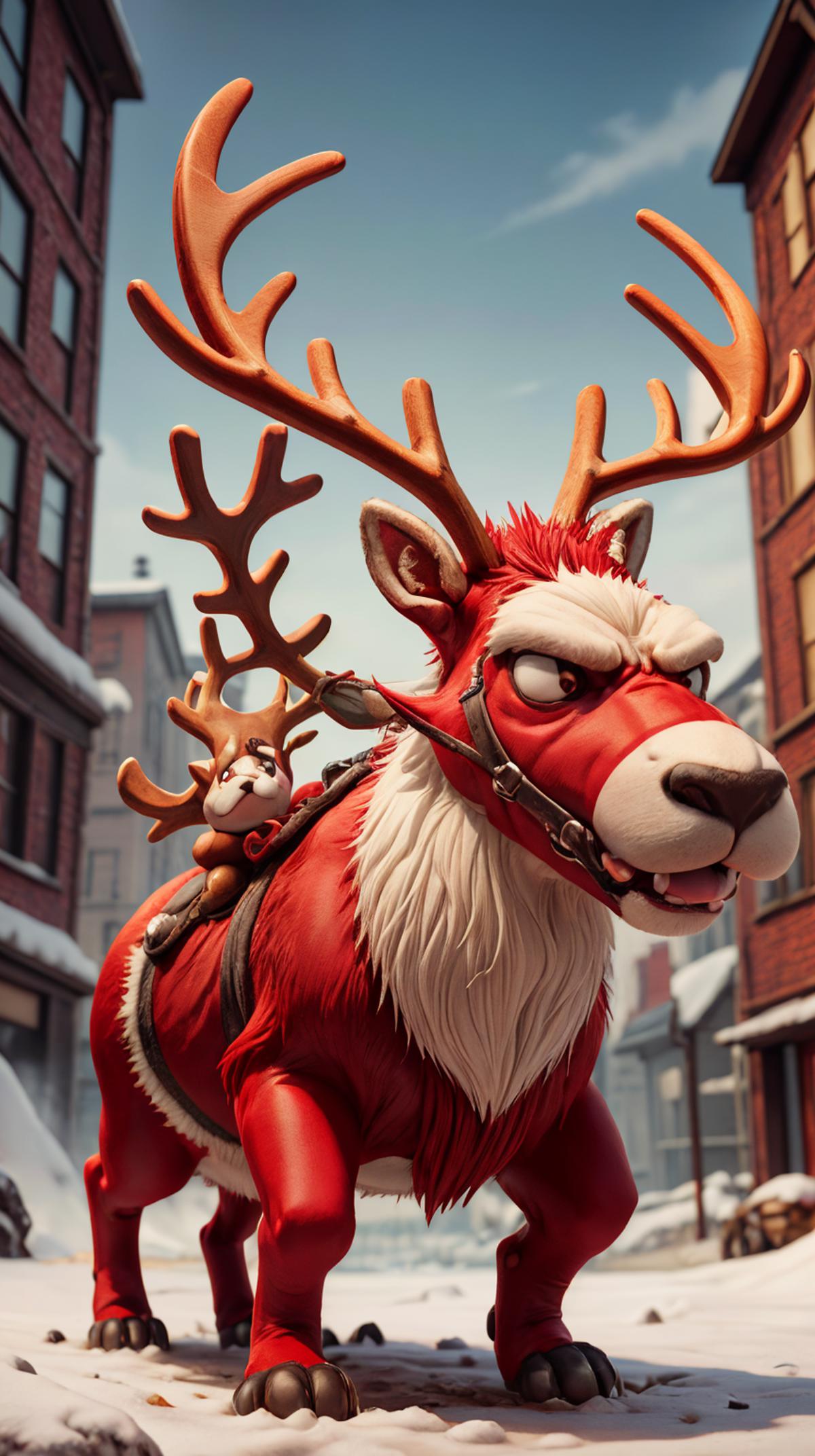 Animated Christmas reindeer with a red and white face and large antlers.