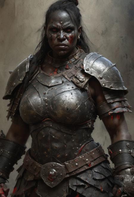 Berserker female orc Gladiator, black skin texture surface, masterpiece painted in the style of Anders Zorn | Marco Mazzoni | Yuri Ivanovich, oil on canvas