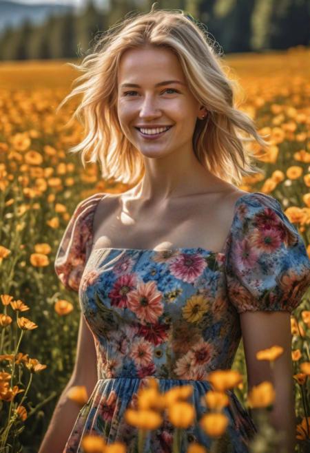 detailed view of blond woman in dress in field of flowers, sun is shining, masterpiece, 8k, amazing lighting, hdr, smiling