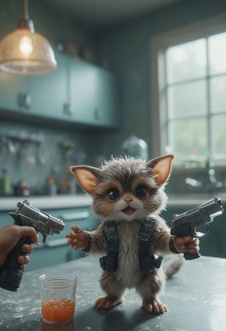 in dry 90s kitchen, dual pistol pov, gun in each hand, Shooting fluffy cute Gizmo (smol cute gremlin animal) with transparent translucent plastic water Pistols, shallow depth of field, vignette, highly detailed, high budget, bokeh, cinemascope, moody, epic, gorgeous, film grain, grainy