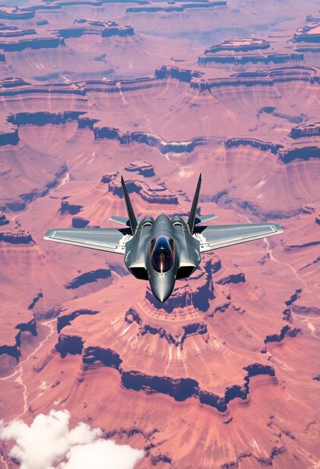 x wing flying between two f35 over the grand canyon