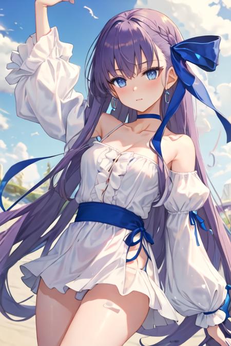 best quality, masterpiece, highres, solo, {meltryllis_fgo:1.15}, long_hair, purple_hair, blue_eyes, bangs, ribbon, hair_ribbon, very_long_hair, breasts, blue_ribbon, small_breasts, blush, collarbone, 1girl, shirt, white_shirt, long_sleeves, looking_at_viewer, puffy_sleeves