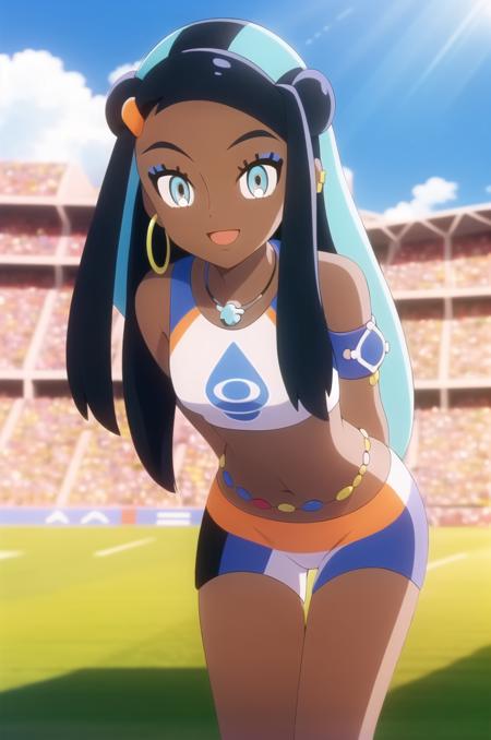 (masterpiece), high quality, (detailed background), 1girl, solo,
<lora:PokemonNessa-v1-07:0.7>, ChopioNessa, black hair, aqua hair, multicolored hair, two-tone hair, long hair, single hair bun, white hair ornament, sidelocks, orange hair beads, blue eyes, eyelashes, makeup, blue eyeshadow, hoop earrings, earclip, (looking at viewer:1.3), 
mature female, medium breasts, 
outfit_1, necklace, white crop top, sleeveless, bare shoulders, blue armband, gold armlet, dynamax band, midriff, navel, belly chain, single glove, black glove, partially fingerless glove, gym shorts,
stadium, sunny, lens flare, depth of field, blurry background, standing, (straight-on:1.5), facing viewer, leaning leaning forward, arms behind back, happy, smile, open mouth,