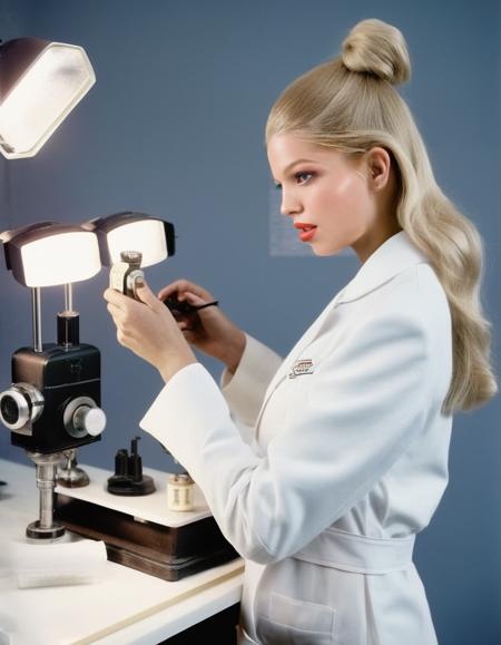 the Netherlands, <lora:DaphneGroeneveld:1> Daphne Groeneveld, a dutch model, posing assisting a photo finishing laborant wearing a white âlab technician coat, high-necked clothing, professional lighting, year 1910 styling, professionally color graded Kodachrome, tack sharp, fashion shoot, tack sharp