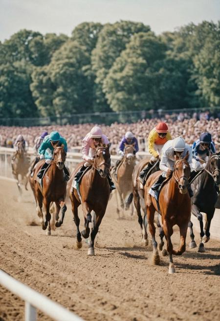 photo of horses racing on a horse racing track, audience applauding in the background, jockeys, making speed, vintage pastel colors, old-english aestethic, 35 mm fuji color film