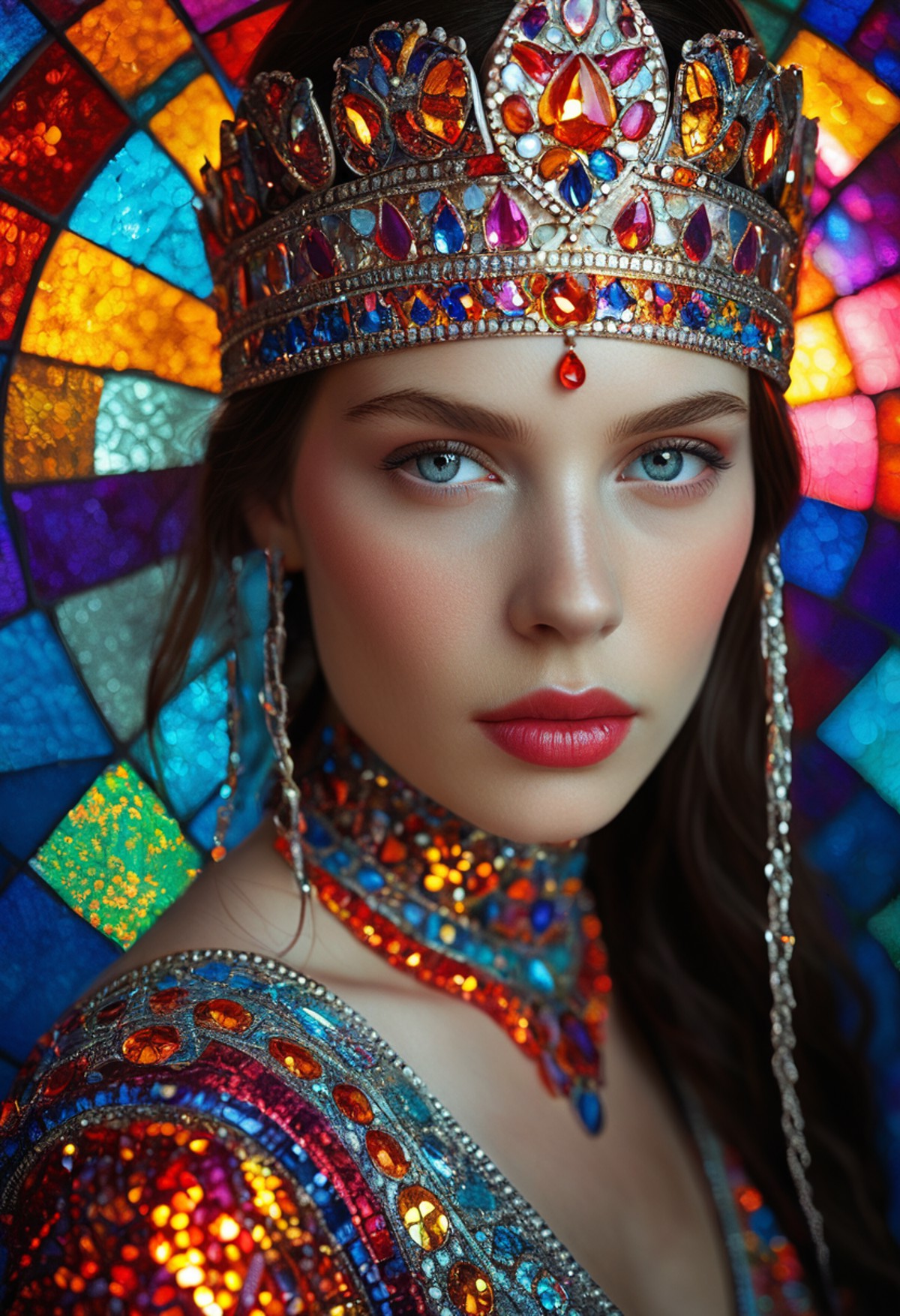 Photo, Shot on Hasselblad: brightlighting, vivid colours and hues, the beautiful mosaic princess