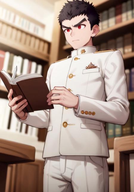 masterpiece, best quality, <lora:kiyotan_vB:0.42>, 1boy, thick eyebrows, red eyes, very short hair, white jacket, white_pants, long sleeves, reading a book in the library, focus, floating paper