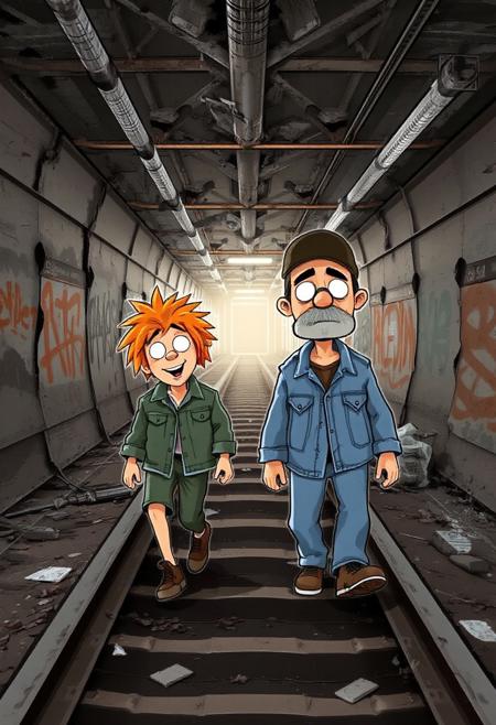 YFG-TTVHUD3 Whimsical subway cartoon: Illustrate two eccentric homeless individuals - 'Ginger' with his signature bright orange wig and threadbare denim jacket, and 'Morty' with his perpetual five o'clock shadow and faded baseball cap - as they stroll along an abandoned underground rail track, the crumbling concrete walls and rusty rebar forming a surreal backdrop. Incorporate vibrant graffiti, flickering fluorescent lights, and scattered trash bags to capture the gritty urban atmosphere.