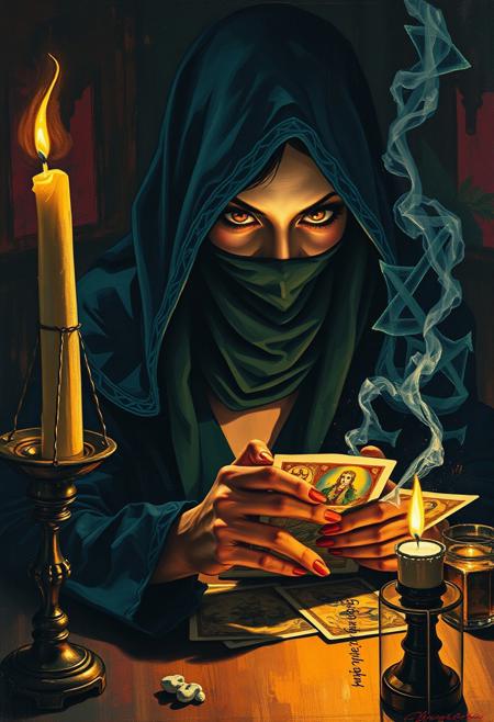 The Fortune Teller’s Omen ,  a veiled woman reading tarot cards in deep shadows, the candlelight reflecting in her intense, exaggerated eyes, a glowing mist forming symbols above the table, cinematic realism, modernist abstraction, vintage fashion, expressive color palette, fragmented composition, narrative surrealism, romantic noir, bold geometric forms, rhythmic patterns, textured brushwork, dreamlike tension, symbolic elements, 20th-century elegance, surreal backgrounds, abstract expression, stylized figures, visual dynamism, painterly contrast, emotional ambiguity, narrative experimentation