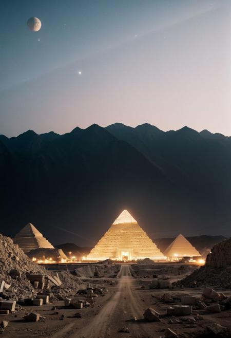 Create an impressive photo of modern-day pyramids under construction. A large, hovering alien mothership is suspended above the half-built shiny White pyramids, using a transporter beam to move massive stones to the new White marble structure. The scene should evoke a sense of awe and futuristic wonder, combining ancient architectural grandeur with advanced extraterrestrial technology.
deep Blacks, very detailed, atmospheric haze, Film grain, cinematic film still, shallow depth of field, highly detailed, high budget, cinemascope, moody, epic, OverallDetail, 2000s vintage RAW photo, photorealistic, candid camera, color graded cinematic, eye catchlights, atmospheric lighting, imperfections, natural, shallow dof