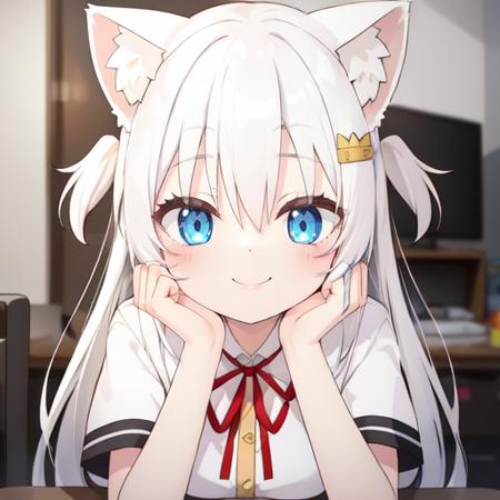 <lora:super-jiamiaoersanshi-v1:0.85>,nekokeke, blue eyes, animal ears, smile, cat ears, solo, white hair, hair ornament, long hair, looking at viewer, two side up, virtual youtuber, blush, ribbon, bangs, animal ear fluff, shirt, head rest, short sleeves, hairclip,wind,