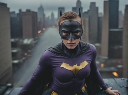 (((aerial view)))  ((from above))cinematic, heavy rain, rainstom, colour graded, analog photograph using a Nikon F6 with strong film grain and bokeh effect, 25-year-old fighting pose, on a thunderstorm night rooftop ledge, dramatic lighting, gritty, futuristic New York City, noir feel, purple and gold Batgirl superhero suit with a mask, detailed face and eyes with visible pores and scars, 2077 cyperpunk <lora:face_pony:1>  <lora:wreal_consolidated:1>