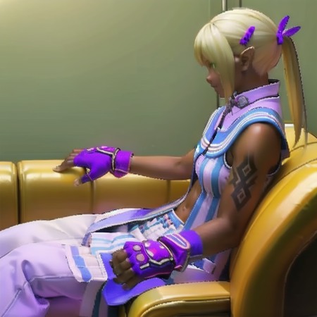 Laya, beastgirl, dark skin, pointy ears, blonde hair, twintails, purple hairclips, green eyes, arm tattoo, bare shoulders, purple fingerless gloves, collared top, top cutout, sleeveless open robe, cross clasp, midriff, navel, wide pants, double belt, shoes